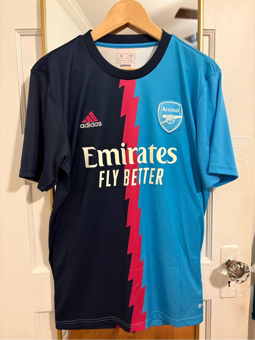 Adidas Arsenal Football Club Split Blue Prematch Training Jersey with Pink Bolt